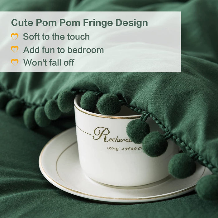 Dark Green Pom Pom Fringe Comforter Full(79X90 Inch), 3 Pieces(1 Boho Comforter and 2 Pillowcases) Aesthetic Boho Pom Comforter, Lightweight Soft Microfiber down Alternative Bedding Set