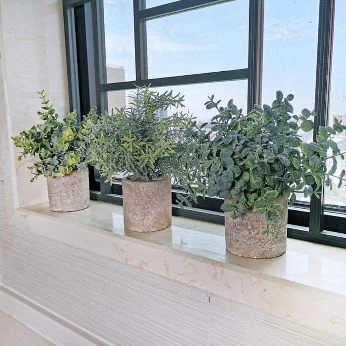Set of 3 Mini Potted Artificial Eucalyptus Plants Plastic Fake Green Rosemary Plant for Home Decor Office Desk Shower Room Decoration