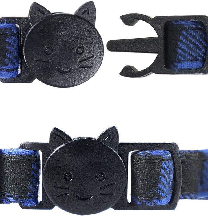 Breakaway Cat Collar with Cute Bow Tie and Bell, Plaid Patterns, 1 Pack Girl Boy Kitty Safety Collars, Blue