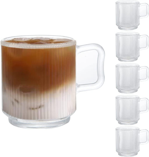 [6 PACK, 12 OZ] DESIGN•MASTER Premium Glass Coffee Mugs with Handle, Classic Vertical Stripes Tea Cup,Transparent Tea Glasses for Hot/Cold Beverages, Perfect Design for Americano, Cappuccino, Latte.