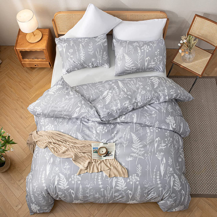 3PCS Comforter Set Floral Comforter Set Bedding Set White Flower Printing on Gray Comforter with 2 Pillow Cases for All Season Using(Queen)