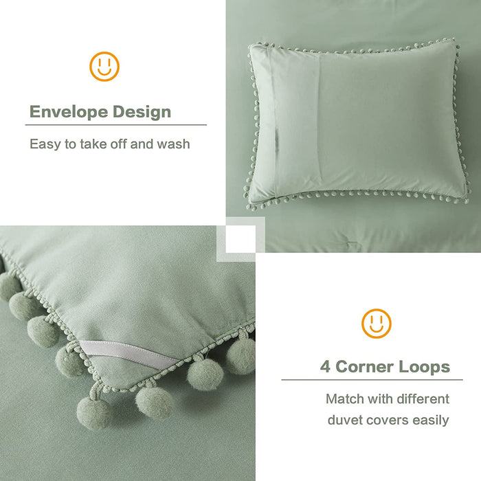 Sage Green Pom Pom Fringe Comforter Full(79X90 Inch), 3 Pieces(1 Boho Comforter and 2 Pillowcases) Aesthetic Ball Pom Comforter, Lightweight Soft Microfiber down Alternative Bedding Set