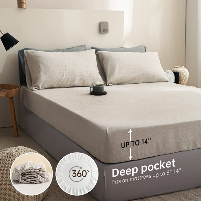 Simple&Opulence 100% Linen Sheet Set Solid Color-4 Pcs Washed French Linen Bed Sheets(1 Flat Sheet,1 Fitted Sheet,2 Pillowcases)-Breathable Bedding Set (Linen, Queen)