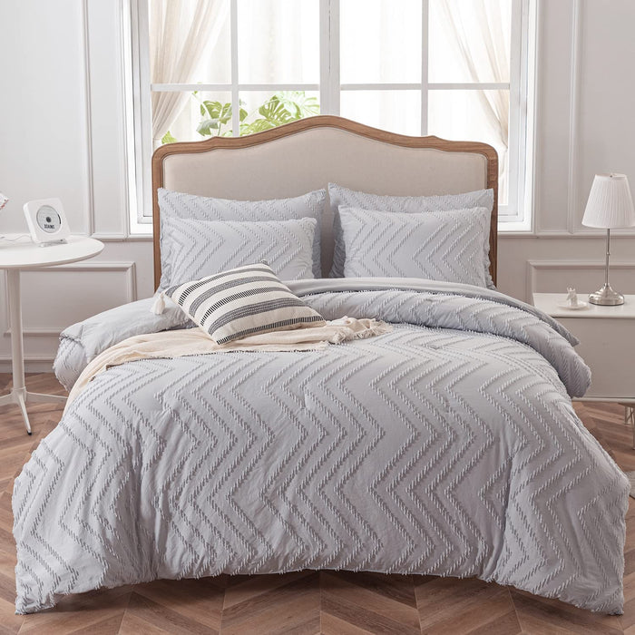 Bedding Comforter Set Queen, Bluish Grey Bedding Chevron Tufted Design, Boho Queen Size Comforter Lightweight and Fluffy,3 Pieces