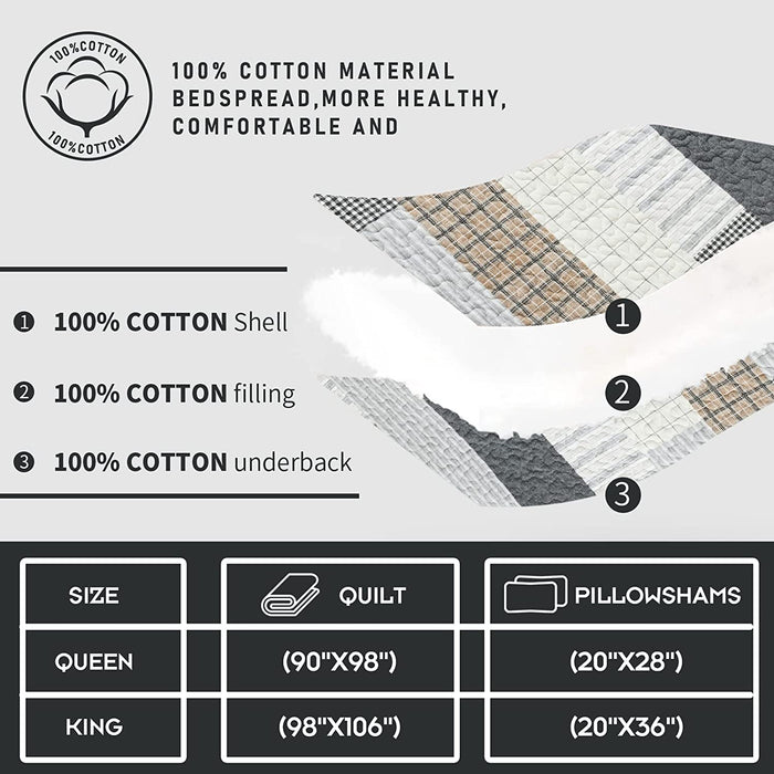 Quilt Queen Size 100% Cotton Queen Size Quilts Grey Black Brown Bedspreads Plaid Quilts Lightweight Soft Breathable Bedding Sets for All Season, 3 Piece