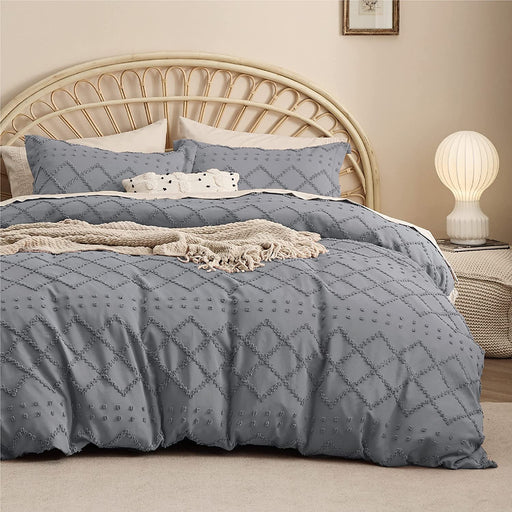 Bedsure Boho Duvet Cover Queen - Boho Bedding, Tufted Queen Duvet Cover for All Seasons, 3 Pieces Embroidery Shabby Chic Home Bedding Duvet Cover Set (Grey, Queen, 90X90'')