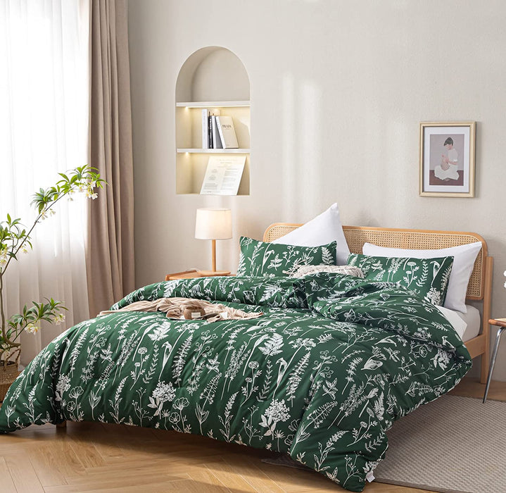 Queen Comforter Set Emerald Comforter Set 3 PCS Bedding Sets Floral Comforter Set Plant Flowers Printed on Fluffy Comforter Set for All Season