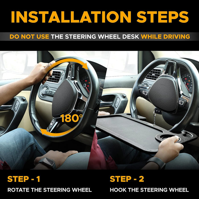 2 in 1 Car Steering Wheel Desk | Steering Wheel Tray for Laptop Car Mount with Pen Holder | Car Food Tray for Eating with Drinks Holder | Multipurpose Travel Car Accessories