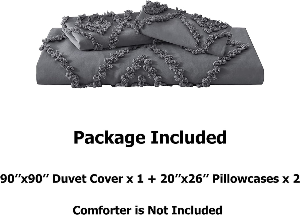 Oli Anderson Tufted Duvet Cover Queen Size, Soft and Lightweight Duvet Covers Set for All Seasons, 3 Pieces Boho Embroidery Shabby Chic Bedding Set (Grey, Queen, 90’’ X 90’’)