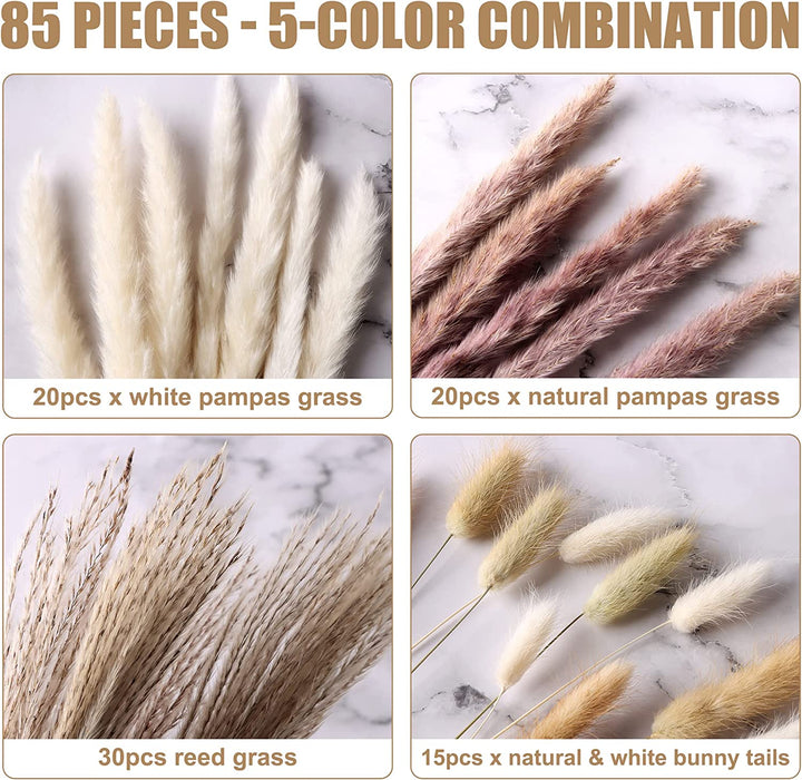 85Pcs Boho Home Decor Dried Flowers Arrangements White & Natural Pampas Grass, Reed, Bunny Tails