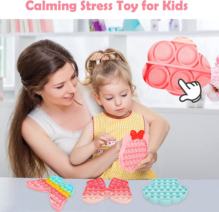 Girls Push Bubble Fidget Toys 4 Packs with Pop Sound, Pastel Rainbow Butterfly Pink Cute Kitten Cat Bow Blue Seashell Popper Autism Sensory Stress Reliever Toys for Toddlers Kids Car Travel