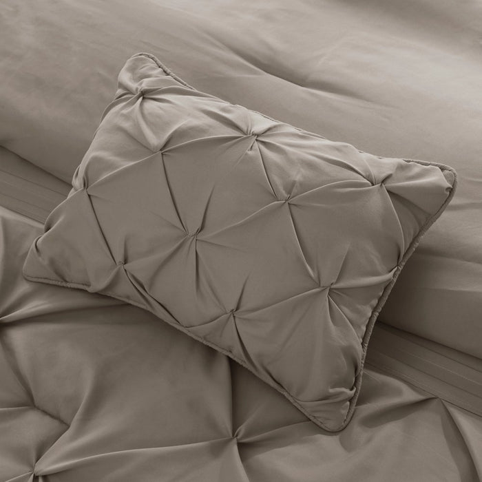 Comfort Spaces Cavoy Faux Silk 5-Piece Tufted Taupe Comforter Set with Bed Skirt and Decorative Pillow, King