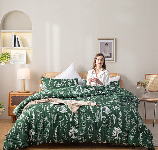Queen Comforter Set Emerald Comforter Set 3 PCS Bedding Sets Floral Comforter Set Plant Flowers Printed on Fluffy Comforter Set for All Season