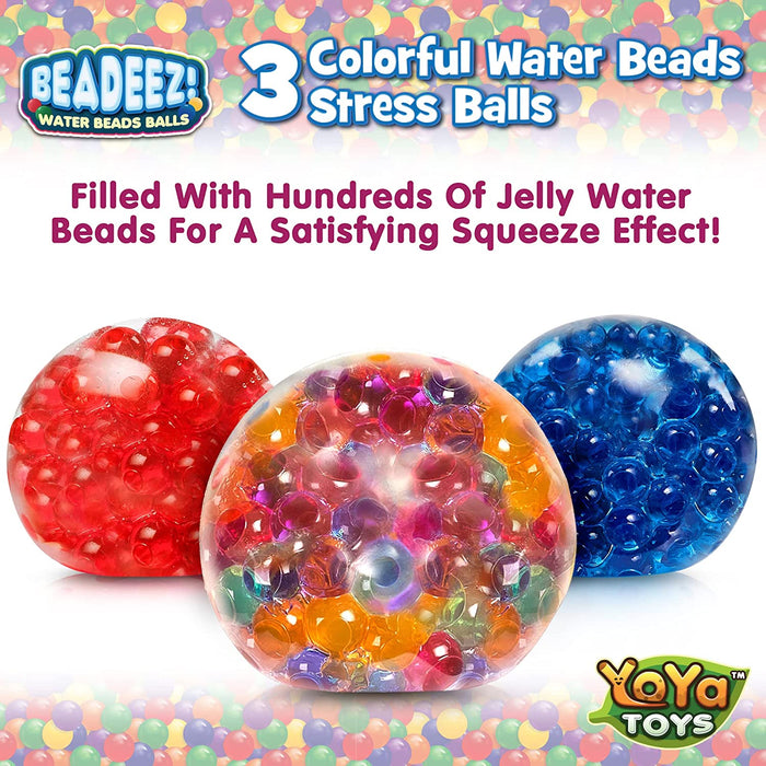 Beadeez Squishy Stress Relief Balls (3 Pack) - Colorful Squeeze Stretch Balls with Water Beads - Sensory Fidget Toys for Kids and Adults - Increase Focus, Great for ADHD, Autism, Anxiety