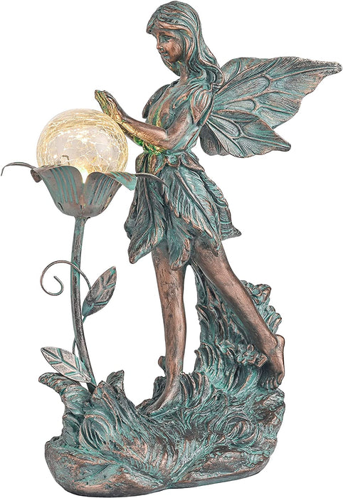 Large Garden Fairy Outdoor Statue, Solar Garden Sculptures & Statues with Crackle Glass Globe, Bronze Patina Garden Art for Lawn Patio Yard Decor 13.2 Inch