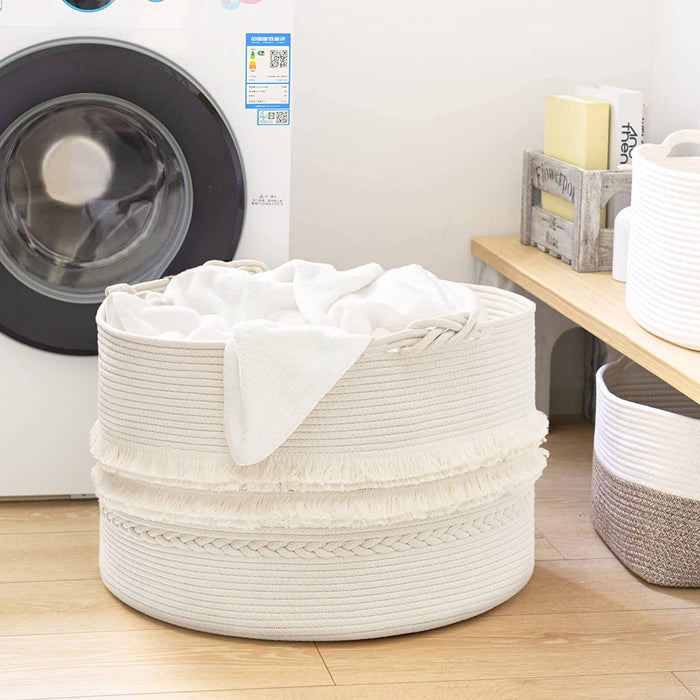 Large White Woven Storage Basket, Boho Decorative Basket for Home Decor, Towel Basket for Bathroom, Bedroom, Living Room, Baby Nursery Basket for Clothes, Toys, Blankets, 22 X 14 Inches