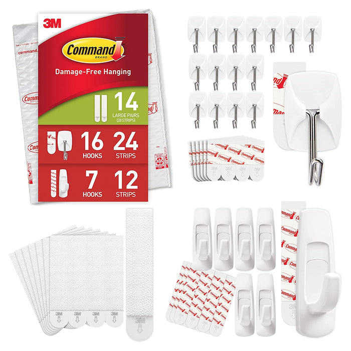 Command Large Picture Hanging Strips, Damage Free Hanging Picture Hangers, No Tools Wall Hanging Strips for Living Spaces, 14 White Adhesive Strip Pairs(28 Command Strips)