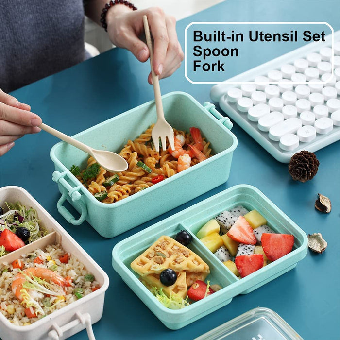 Bento Box Japanese Lunch Box Kit, Stackable 2 Layer Lunch Box, Leakproof Wheat Straw BPA Free Bento Lunch Boxes Set with Soup Cup, Spoon and Fork, Cake Cups