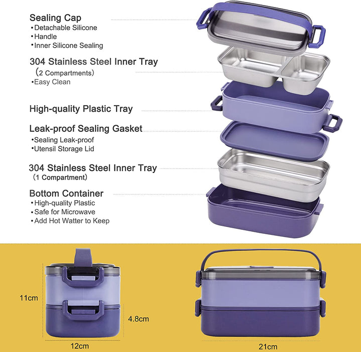 Stainless Steel Bento Box for Adults&Kids,Japanese Leakproof Lunch Box Divided Food Meal Storage Containers Set Stackable 2 Layer for Children School Picnic Blue