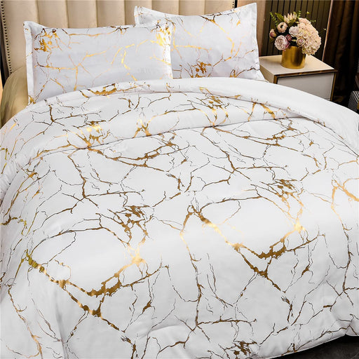 Gold Metallic Marble Comforter Set Queen Size Foil Print Glitter Bedding Sets,White/Gold, Queen