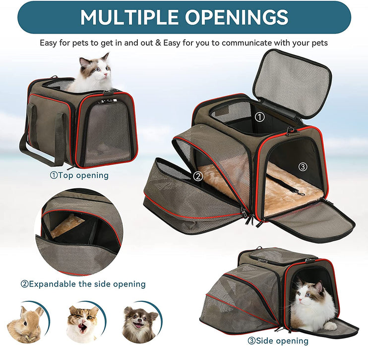 Expandable Cat Carrier Dog Carriers,Airline Approved Soft-Sided Portable Pet Travel Washable Carrier for Kittens,Puppies,Removable Soft Plush Mat and Pockets,Locking Safety Zippers