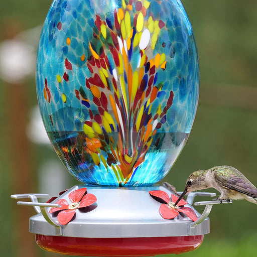 Hummingbird Feeder for Outdoors Hanging, Blown Glass Hummingbird Feeders, Unique Hummingbird Gifts for Women, Containing Ant Moat, 27 Ounces, Blue Fireworks