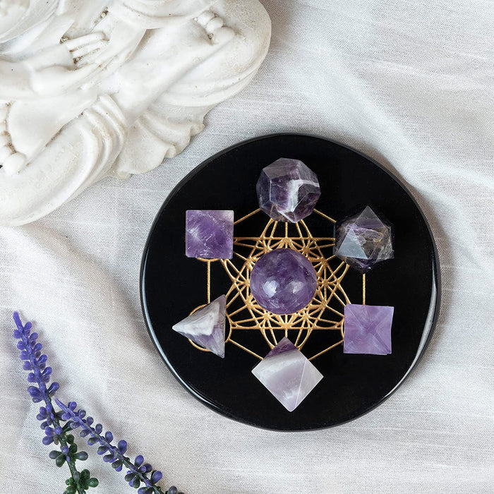 Amethyst 7 Pcs Platonic Sacred Stones Geometry Set for Chakra Stone Balancing Reiki Healing Spiritual Good Luck Home Office Decor Size: 15-20 Mm