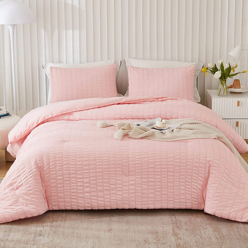 Blush Pink Seersucker Queen Comforter Set (90X90 Inches), 3 Pieces - 100% Soft Washed Microfiber Lightweight Comforter with 2 Pillowcases, All Season down Alternative Comforter Set for Bedding