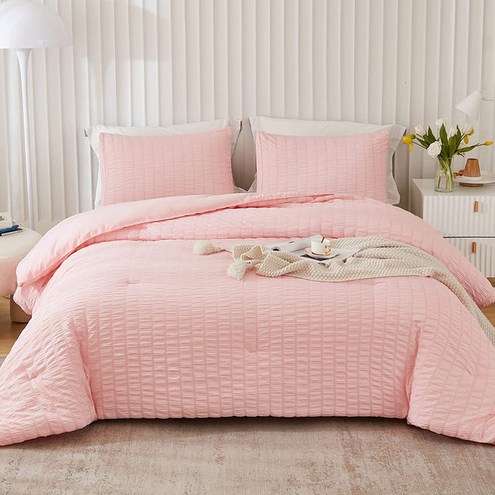 Blush Pink Seersucker Queen Comforter Set (90X90 Inches), 3 Pieces - 100% Soft Washed Microfiber Lightweight Comforter with 2 Pillowcases, All Season down Alternative Comforter Set for Bedding