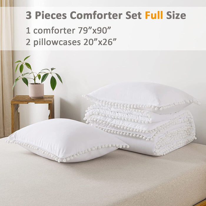 White Pom Pom Fringe Comforter Full(79X90 Inch), 3 Pieces(1 Boho Comforter and 2 Pillowcases) Aesthetic Ball Pom Comforter, Lightweight Soft Microfiber down Alternative Bedding Set
