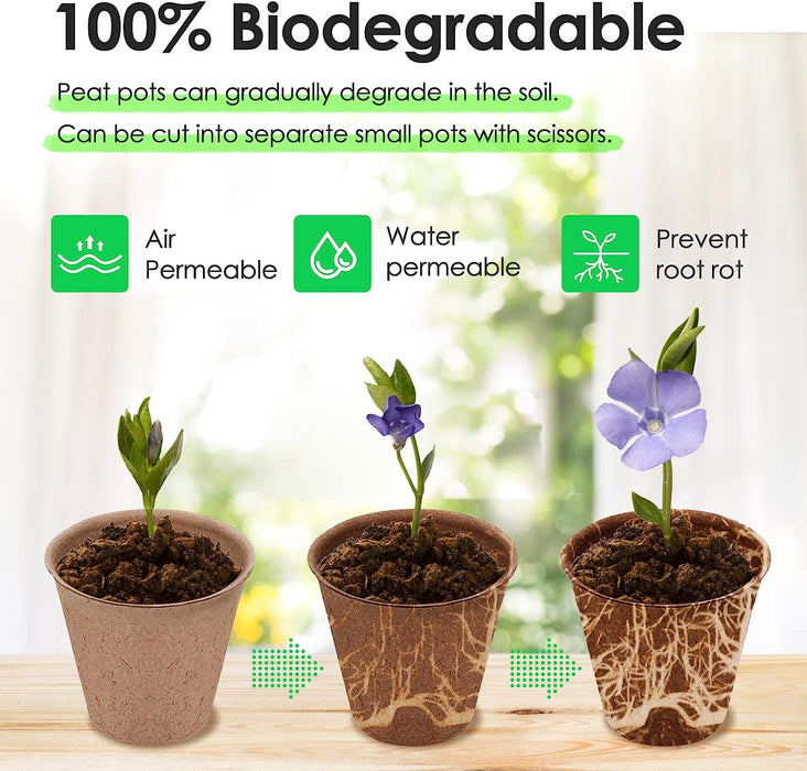 3” Peat Pots Seedling Pots Plant Starters Bulk 100 Pack Seed Starter Pots Biodegradable Kits with 100 Pcs Plant Labels, 3 Pcs Mini Seedling Tools for Garden Germination Nursery Pot