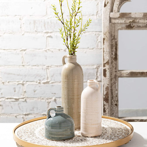 Small Decorative Crackled Ceramic Jug Vase Set of 3, Living Room Décor and Accessories, Modern Farmhouse Decor, Table and Mantle Decorations, Faux Flower Vases; Cottagecore Decor (CM2431)