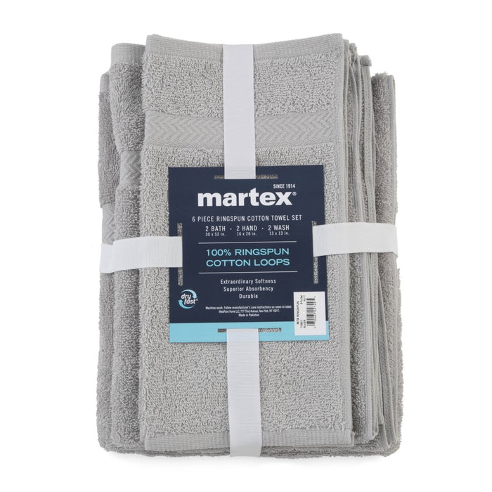 Martex 7132976 Ringspun Solid Soft Absorbent Cotton 6 Piece Hand and Bath Towel Set Silver