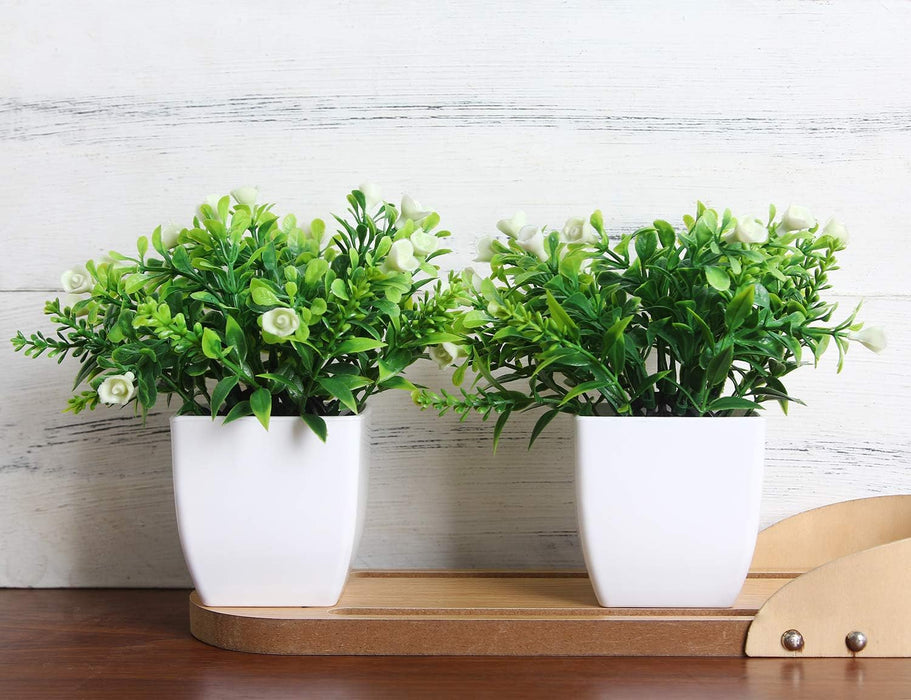 Set of 2 Mini Potted Artificial Plants Plastic Fake Green Plant for Home Decor Office Desk Shower Room Decoration Faux Plants Indoor (White, Set of 2)