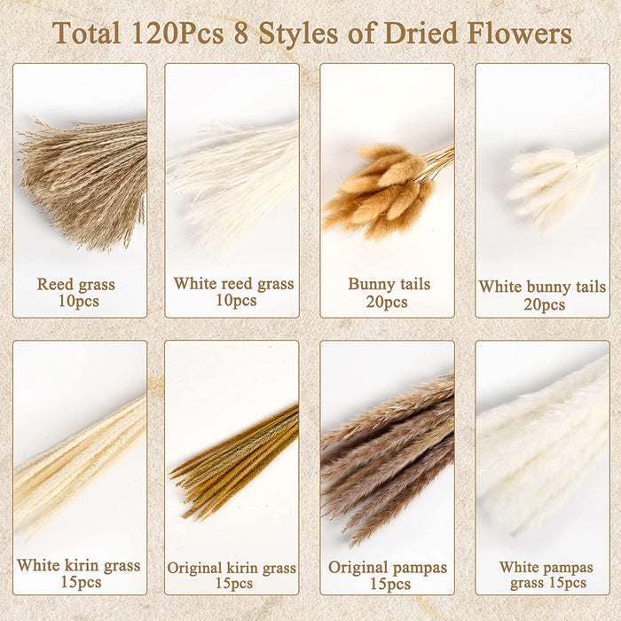 Natural Dried Pampas Grass 120PCS for Boho Home Decor Mixed Dried Flowers Bouquet for Wedding Party Decor Pompas Floral Arrangements, Farmhouse Rustic Decor