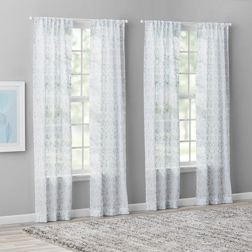 Mainstays Modern Scroll Aqua Rod Pocket Sheer Curtain Set, 28" X 95" (4 Panels)