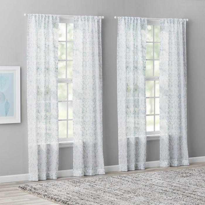 Mainstays Modern Scroll Aqua Rod Pocket Sheer Curtain Set, 28" X 95" (4 Panels)