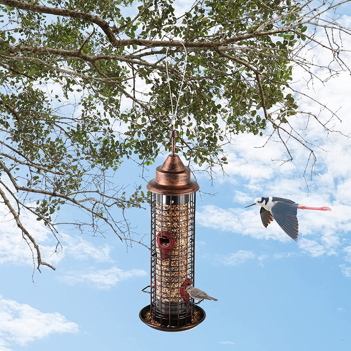 Birdland Tube Wild Bird Feeder for Garden Yard Outdoor Decor, with 4 Feeding Ports & Drainage Holes, 1.35 Lb Capacity, Bronze