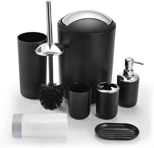 Delaman Bathroom Sets Accessories,Plastic 6 Piece Bathroom Accessory Set Bathroom Trash Can Set with Drawstring Trash Bags,Soap Dispenser,Tooth Mug,Soap Dish,Toilet Brush Holder