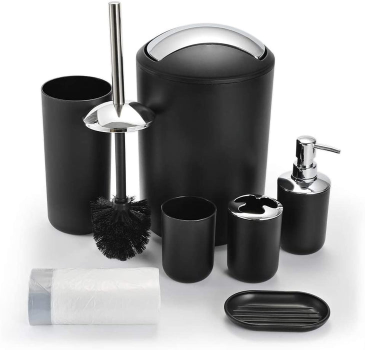 Delaman Bathroom Sets Accessories,Plastic 6 Piece Bathroom Accessory Set Bathroom Trash Can Set with Drawstring Trash Bags,Soap Dispenser,Tooth Mug,Soap Dish,Toilet Brush Holder
