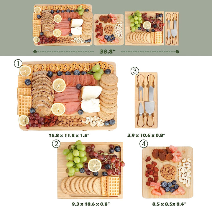 Bamboo Charcuterie Boards Cheese Board Knife Set, 15.7"X 13" Charcuterie Board and Hidden Serving Trays X2 for Charcuterie Cheese Fruit,House Warming New Home for Couple Women Mom