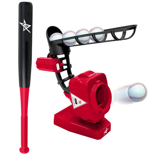 Future Stars Electronic Baseball Pitching Machine Combo Set - 1 Electronic Pitching Machine with 5-Ball Feeder, 1 24" Telescoping Bat, 5 Foam Baseballs