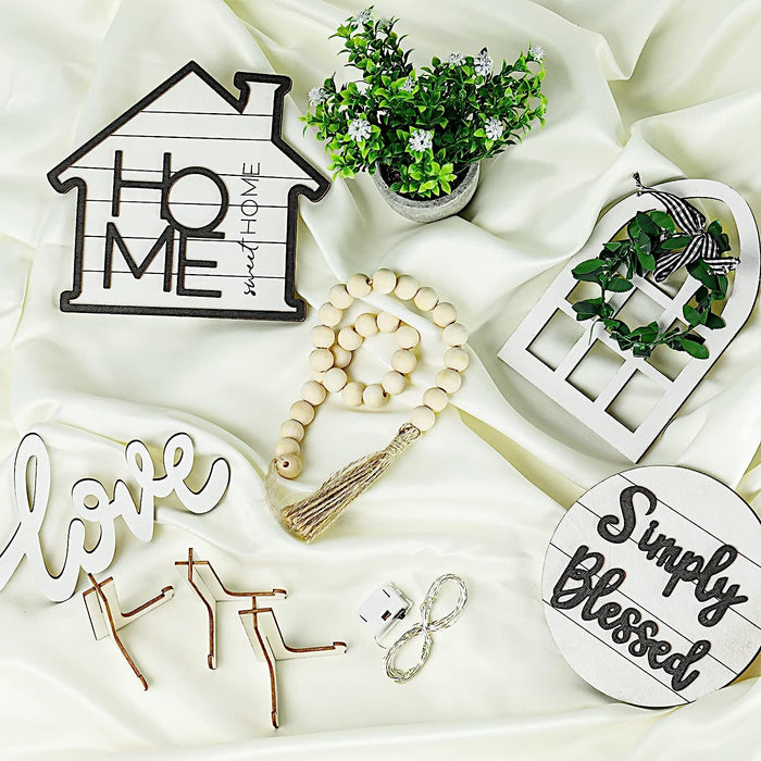 Tiered Tray Decor 10 Pieces Farmhouse Decor for Tiered Tray, White Exquisite Relief Design Sign Rustic Table Ornaments for Kitchen Table Decoration, Housewarming Gift (Tiered Tray NOT Included)