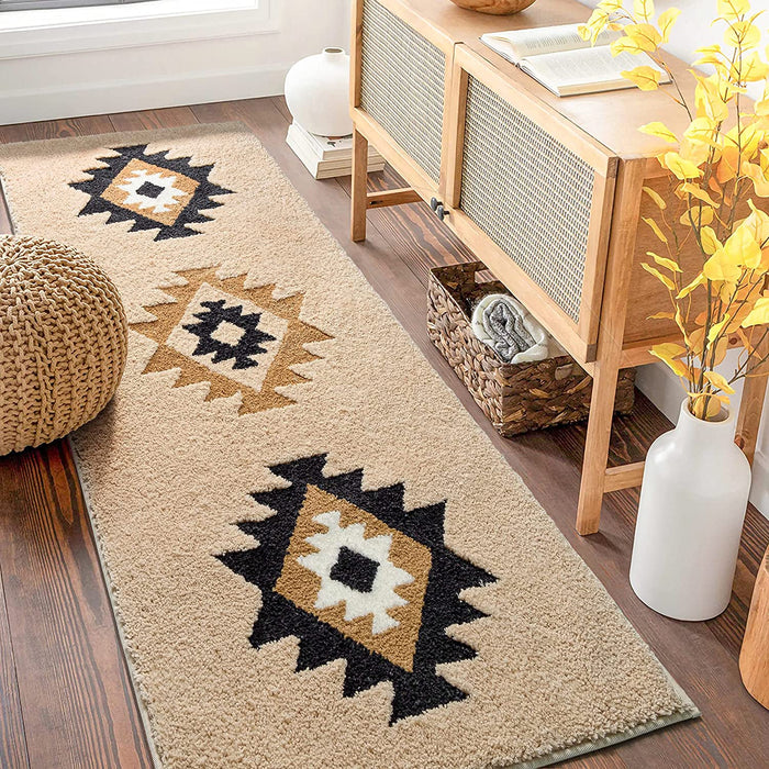 DEXDE Boho Bathroom Rug Runner 24X60 Long Bath Mat for Bathroom Bedroom Hallway Kitchen Shower Luxury Soft Absorbent Large Geometric Carpet Runner Western Farmhouse Neutral Home Decor, Cream Beige