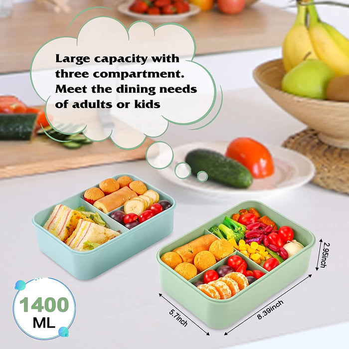 Bento Lunch Box for Kids and Adults with 3 Compartment Leak Proof Lunch Boxes for Men Women Food Containers with Spoon Fork Knife Chopsticks - 1400 ML (Blue)