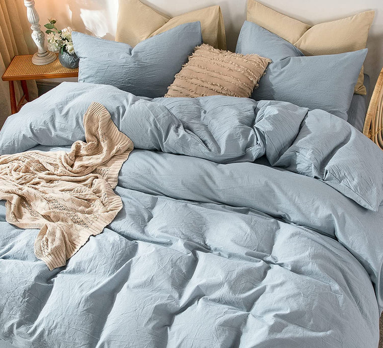 Bedding Duvet Cover Set 100% Washed Cotton Linen like Textured Breathable Durable Soft Comfy (Cornflower Blue, Queen)