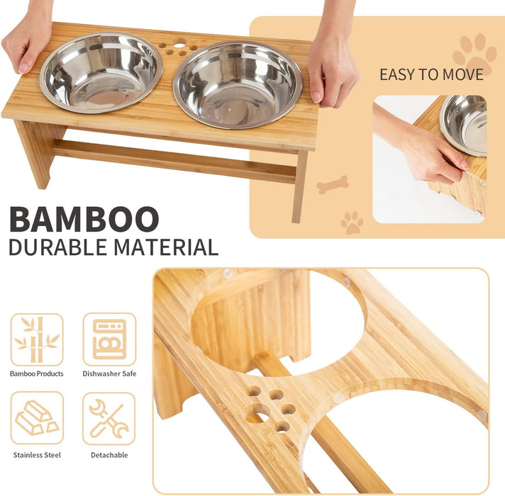 Raised Pet Bowls for Small and Medium Dogs, Bamboo Elevated Dog Cat Food and Water Bowls Stand Feeder with 2 Stainless Steel Bowls and anti Slip Feet (New 7'' Tall)