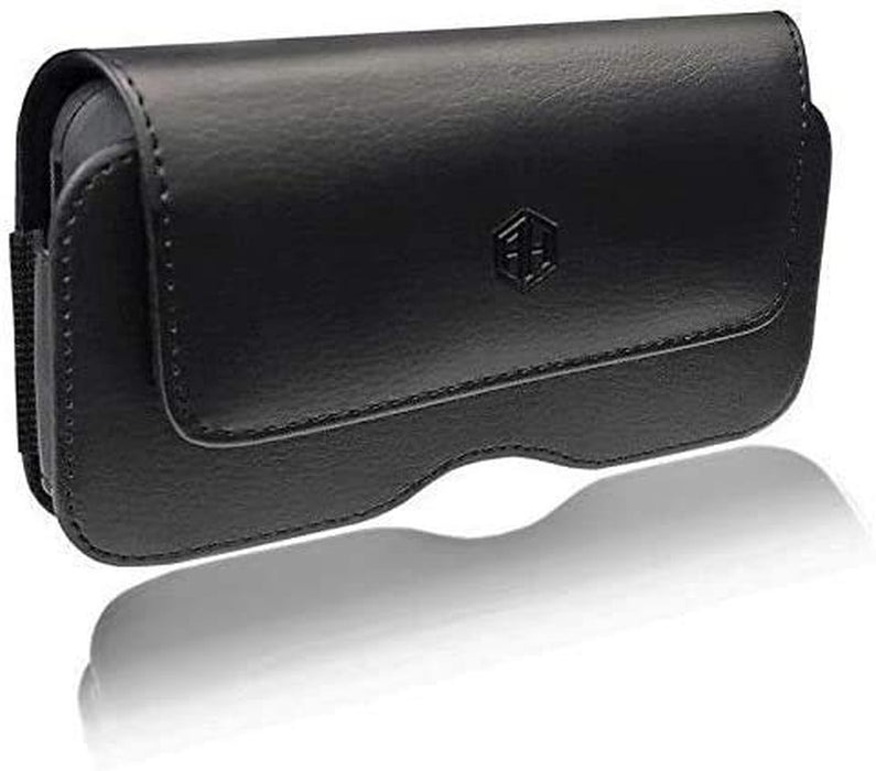 Premium Horizontal Leather Cell Phone Belt Pouch, Compatible with 6.5" to 7" PHONE or CASE Holster Clip Fits Otterbox Defender Case/Battery Case/Extra Big Case on (X-Large)