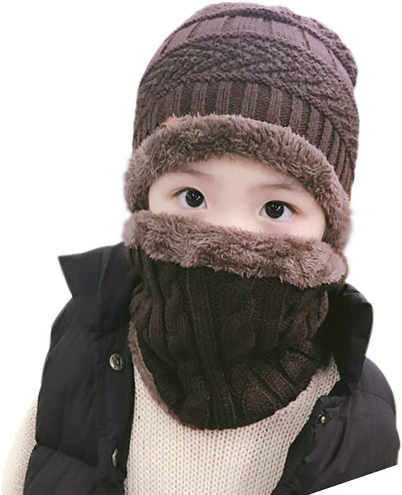 Kids Winter Hat and Scarf Set, 2Pcs Warm Knit Beanie Cap and Scarf for 5-14 Years Old
