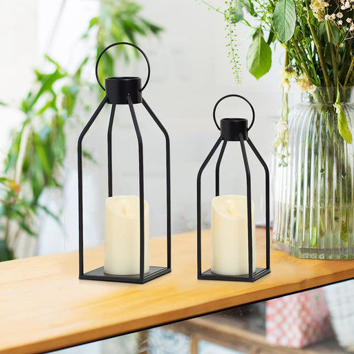 HPC Decor Modern Farmhouse Lantern Decor- Black Metal Candle Lanterns Set of 2- Lanterns Decorative W/ Flickering LED Candles for Home Decor, Indoor,Outdoor,Tabletop, Fireplace Mantle Decor(No Glass)